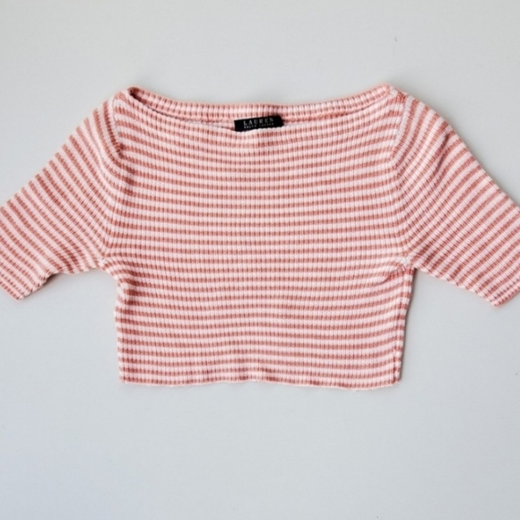 Lauren Ralph Lauren striped cropped short sleeved light weight sweater - Picture 1 of 2